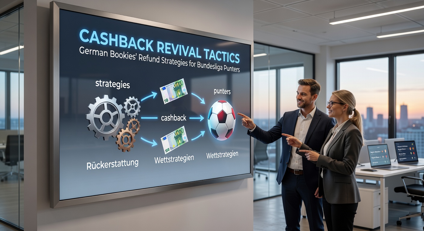 Bundesliga-Fans feiern ein Tor, während Cashback-Symbole im Hintergrund leuchten, symbolisch für Rückzahlungsangebote deutscher Buchmacher